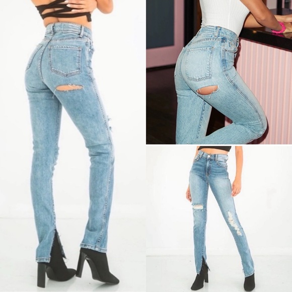 Revice Hello Lover High Rise Split Hem Slashed Distressed Denim Jeans Butt Rip - Picture 1 of 16
